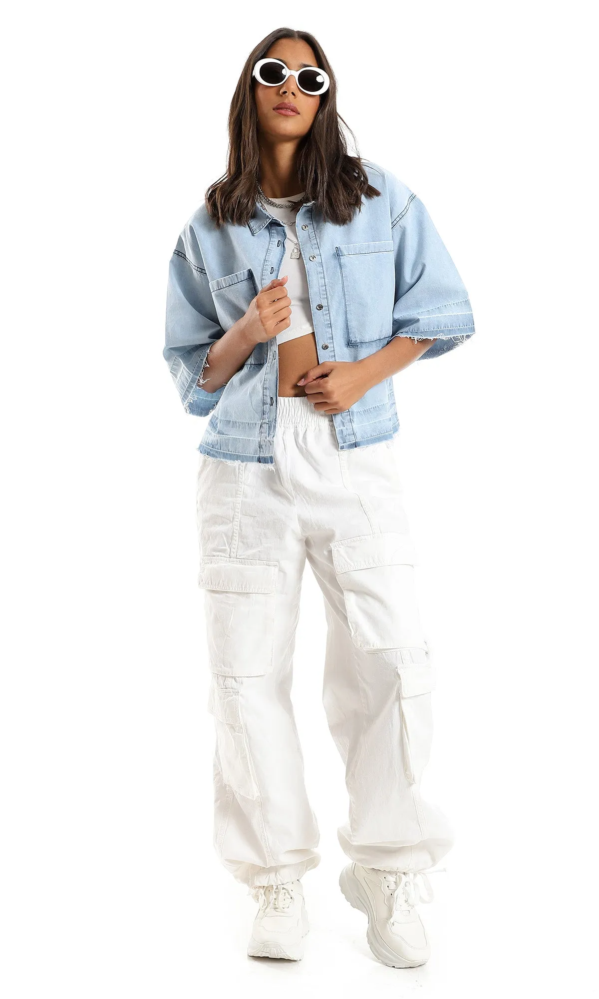 97087 Classic Neck Cotton Shirt With Ripped Trim - Ice Blue