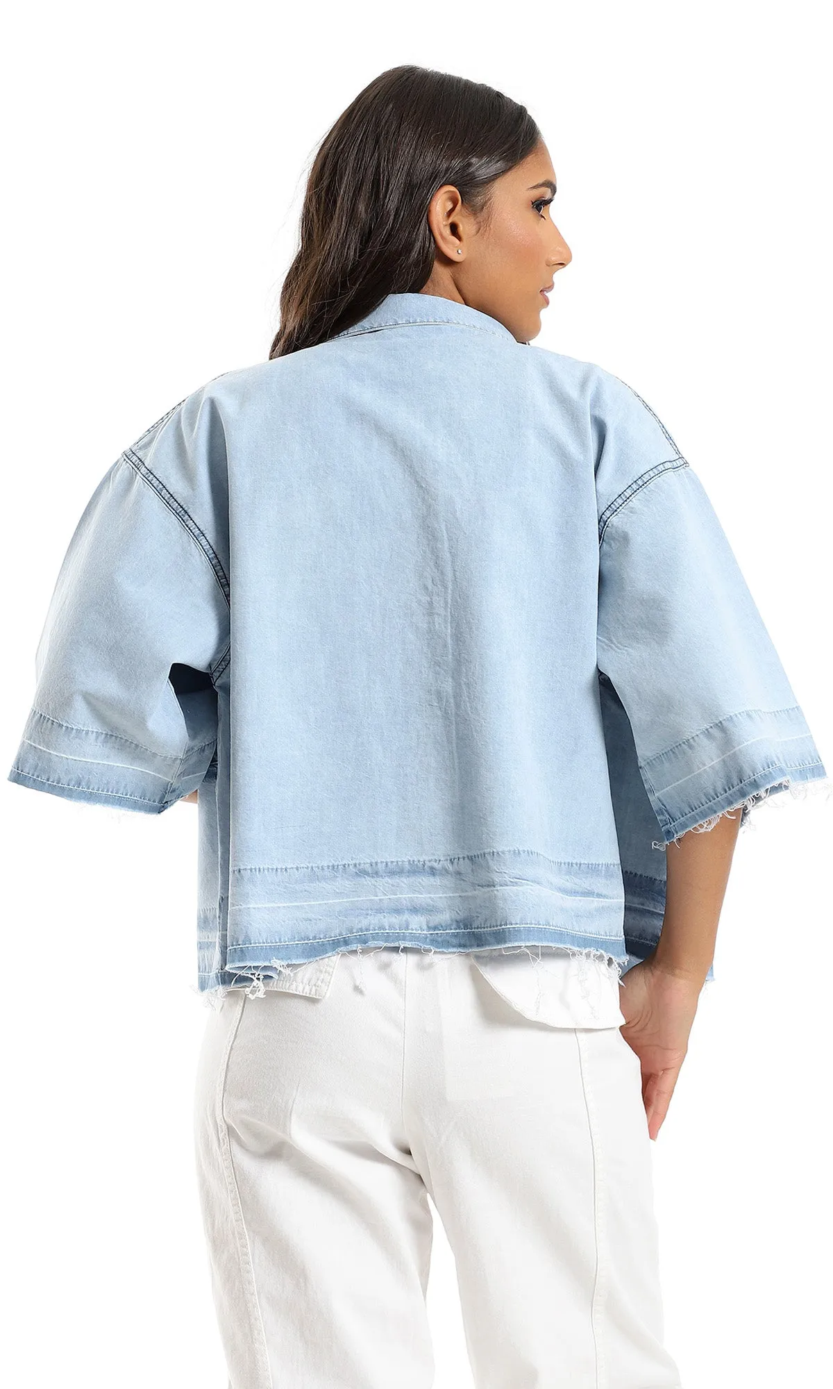 97087 Classic Neck Cotton Shirt With Ripped Trim - Ice Blue