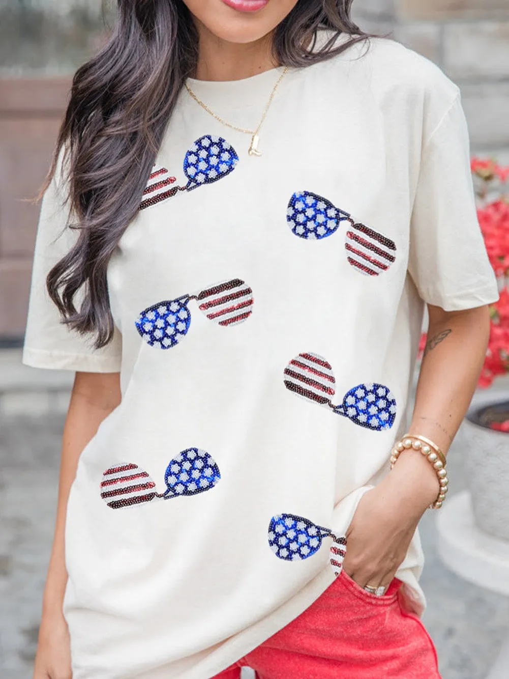 American Flag Sunglasses Sparkle Striped Tee