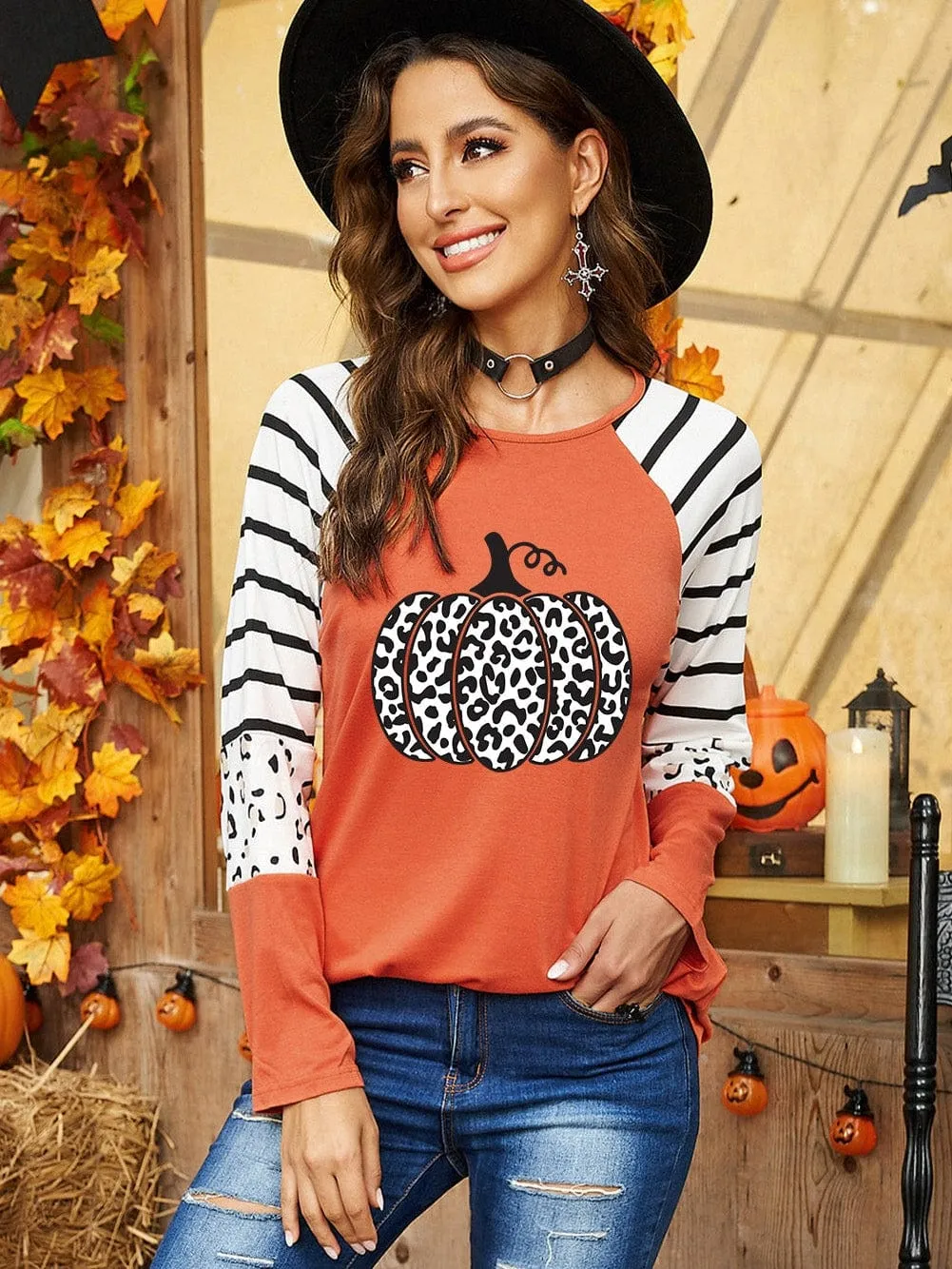 Autumn Chic Orange Leopard Print Long Sleeve Top