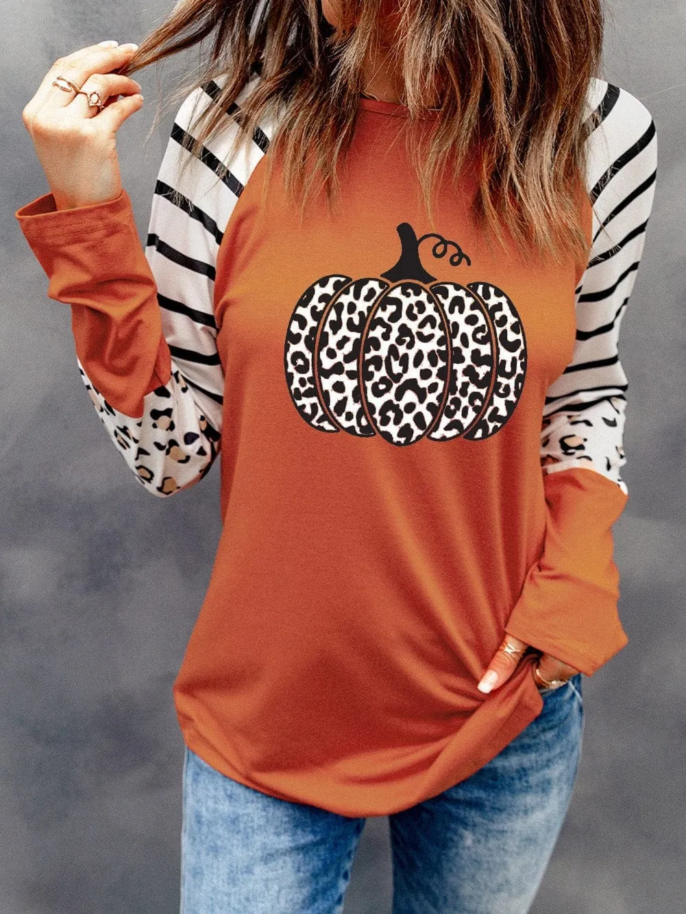 Autumn Chic Orange Leopard Print Long Sleeve Top