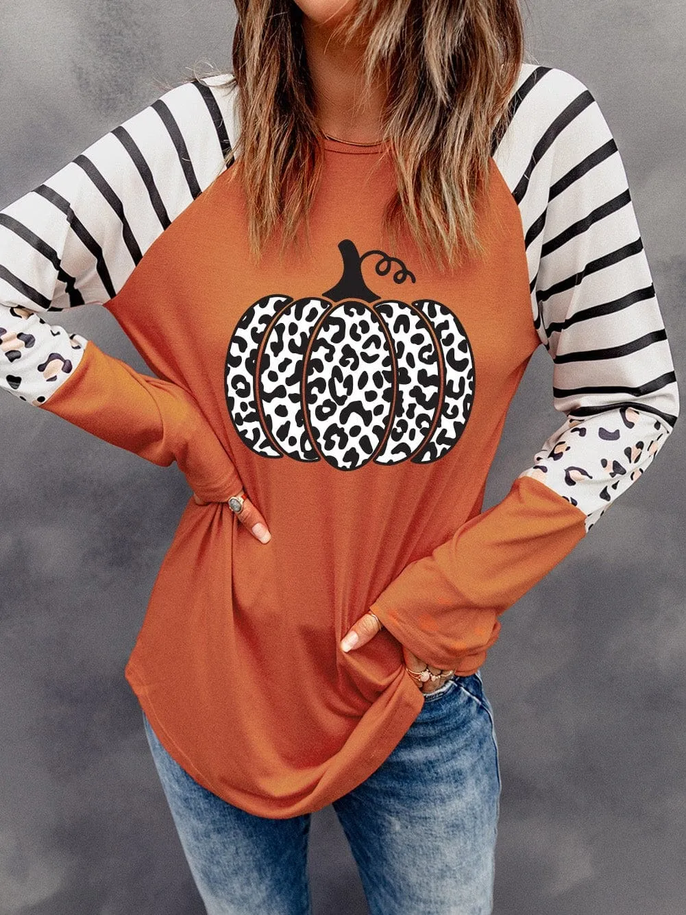 Autumn Chic Orange Leopard Print Long Sleeve Top