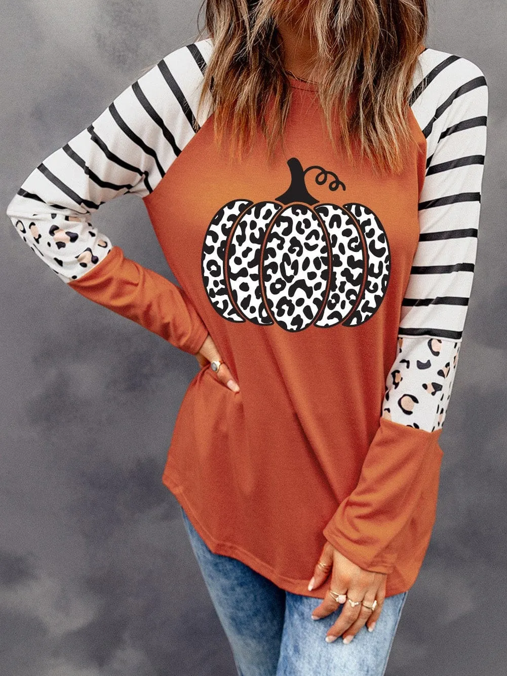 Autumn Chic Orange Leopard Print Long Sleeve Top