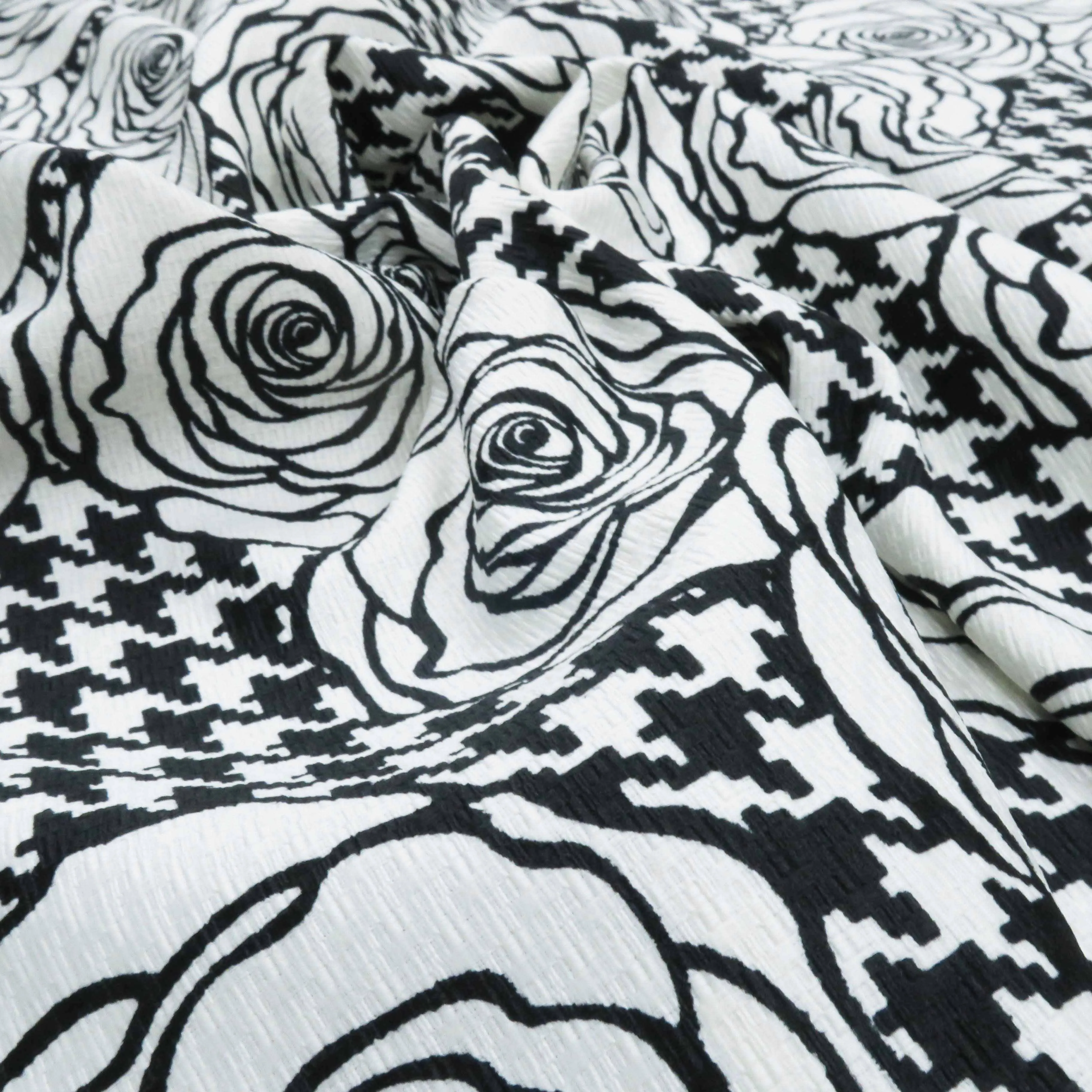 Black and White Floral on Houndstooth Printed Polyester Crepe