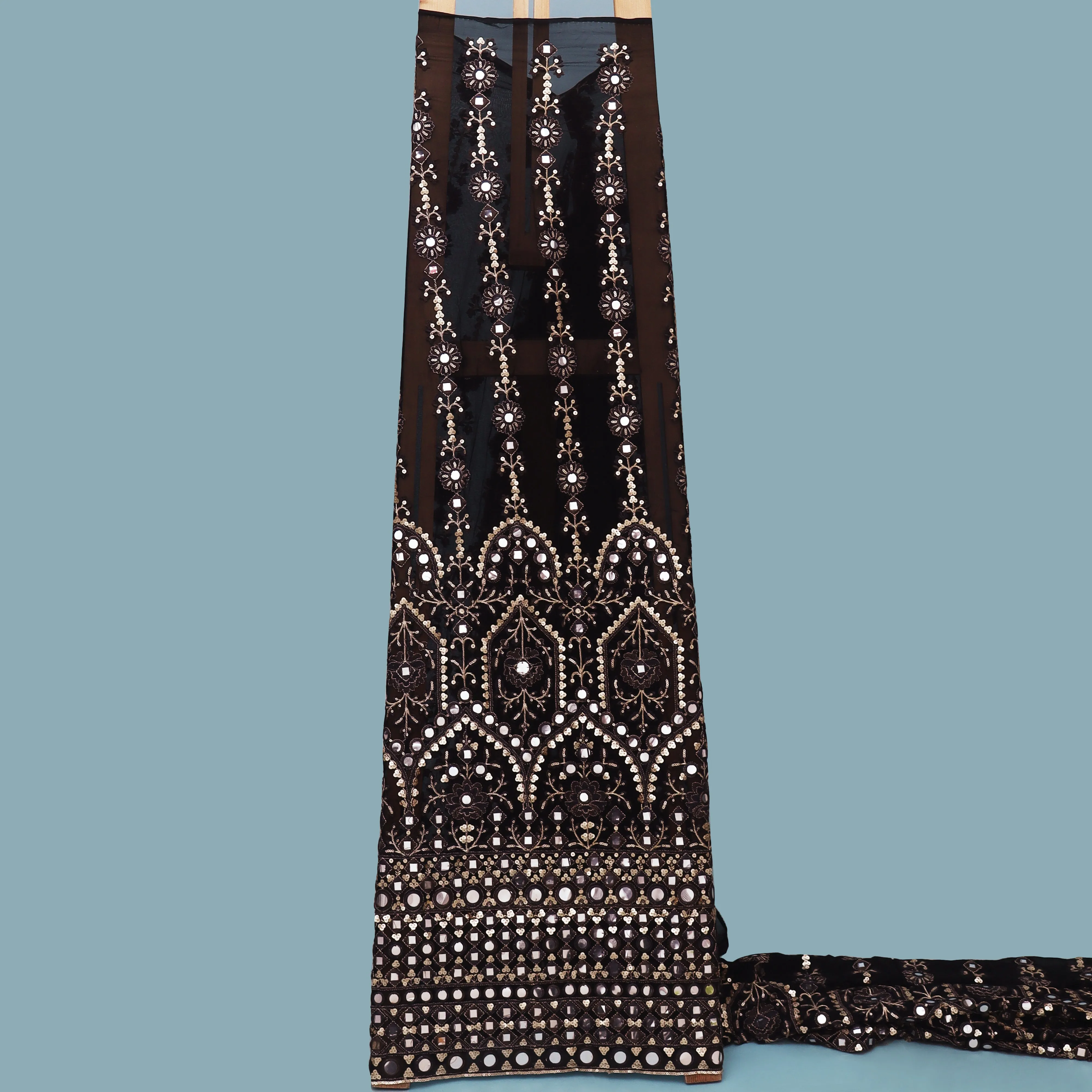 Black Color Georgette Mirror Embroidery Fabric