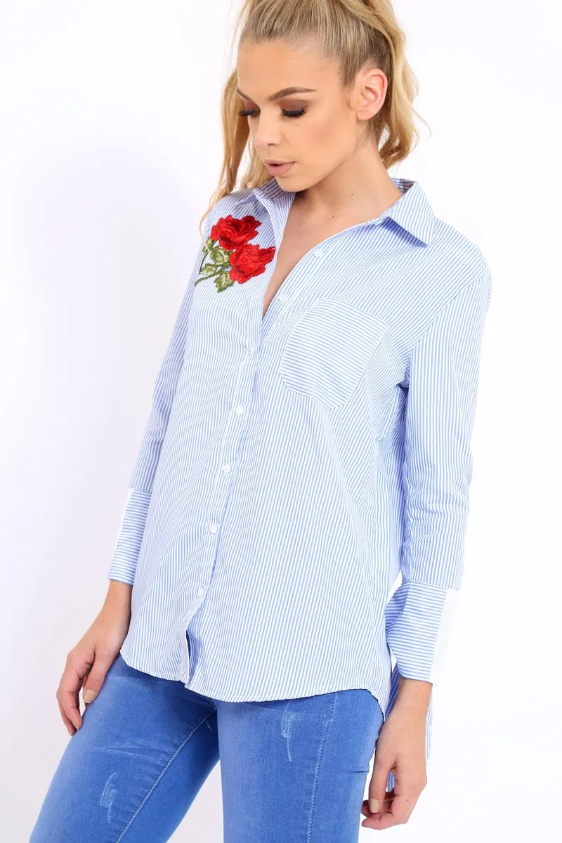 Blue Striped Embroidered Bell Sleeve Shirt - Tamra