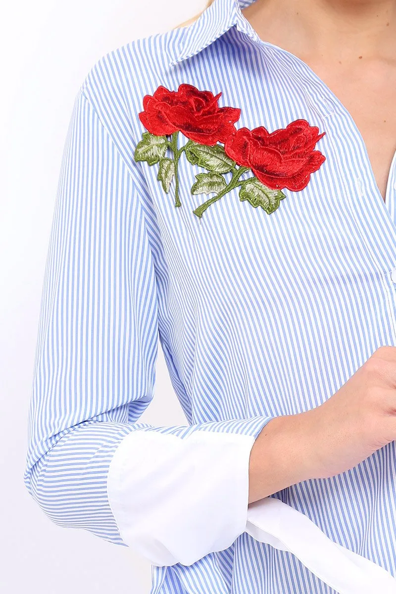 Blue Striped Embroidered Bell Sleeve Shirt - Tamra