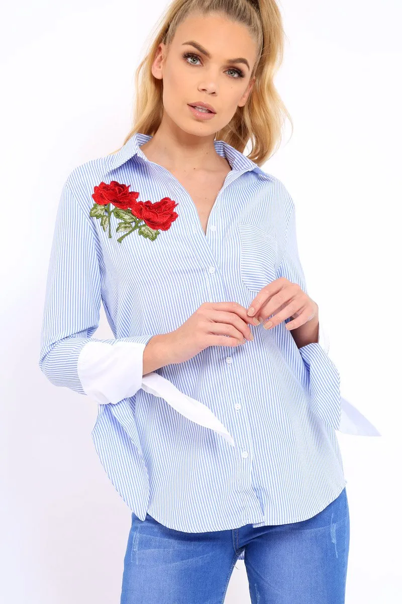 Blue Striped Embroidered Bell Sleeve Shirt - Tamra