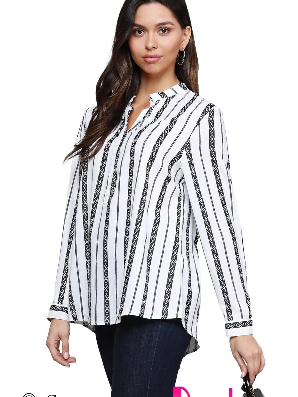 Bohemian Chic Striped V Neck Button Up Top