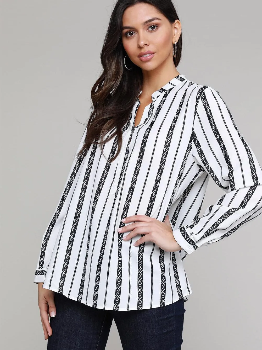 Bohemian Chic Striped V Neck Button Up Top