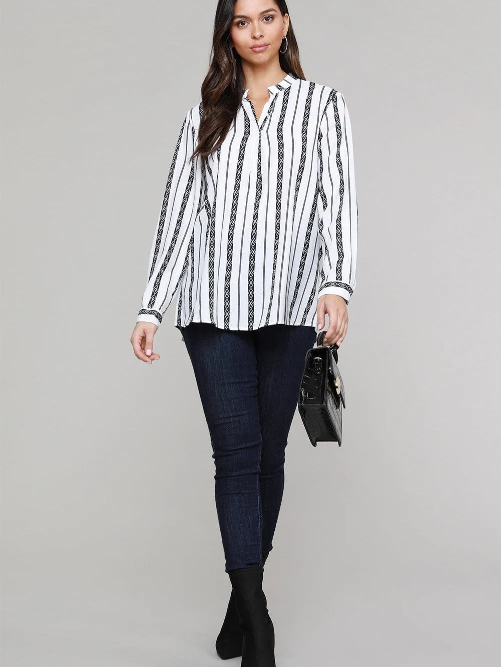 Bohemian Chic Striped V Neck Button Up Top