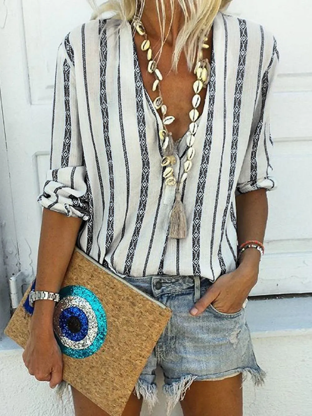 Bohemian Chic Striped V Neck Button Up Top