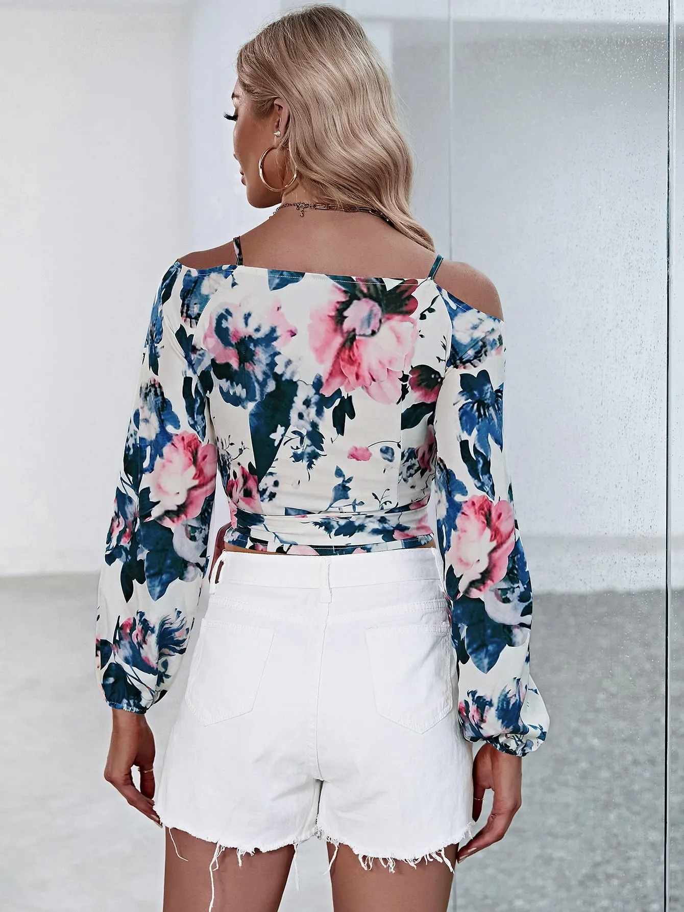 Boho All Over Print Wrap Long Sleeve Cold Shoulder Crop Blouse