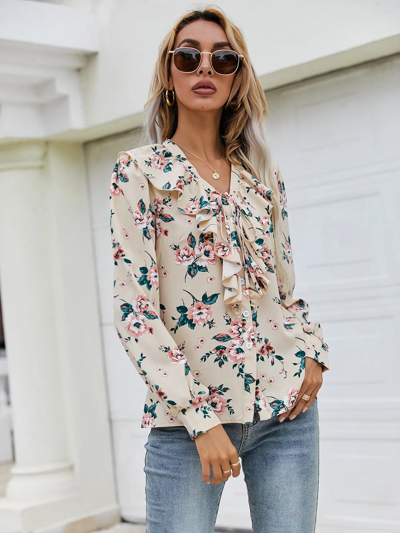 Boho Floral Button Front Long Sleeve V Neck Regular Blouse