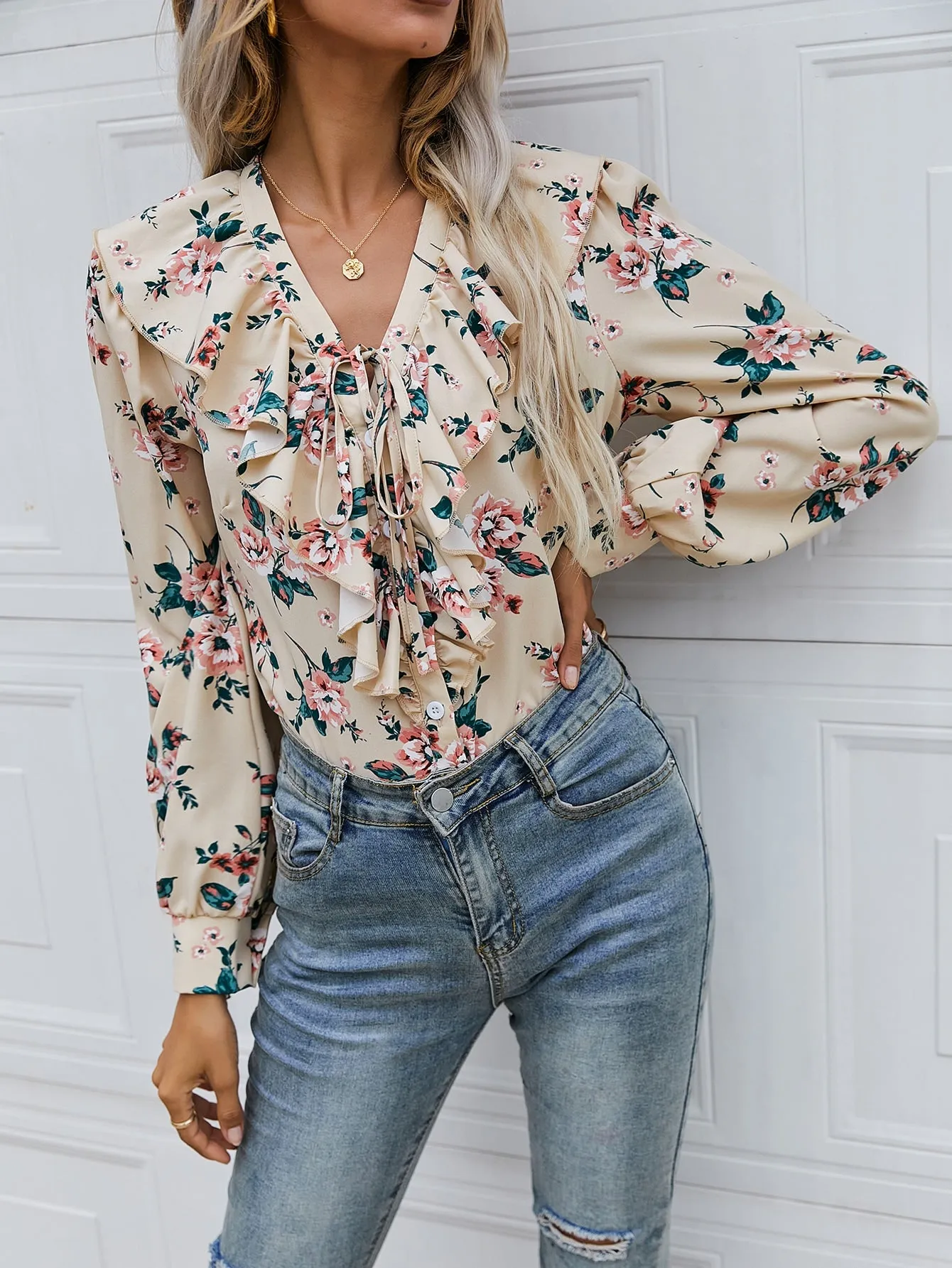 Boho Floral Button Front Long Sleeve V Neck Regular Blouse