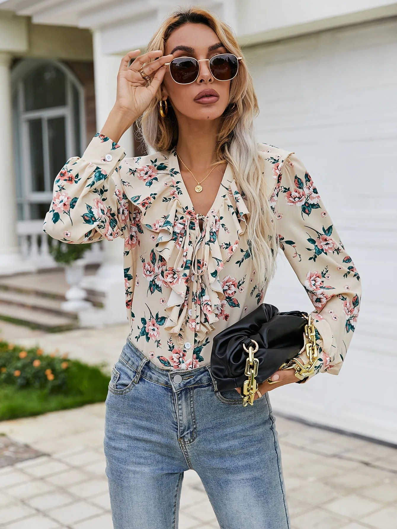 Boho Floral Button Front Long Sleeve V Neck Regular Blouse