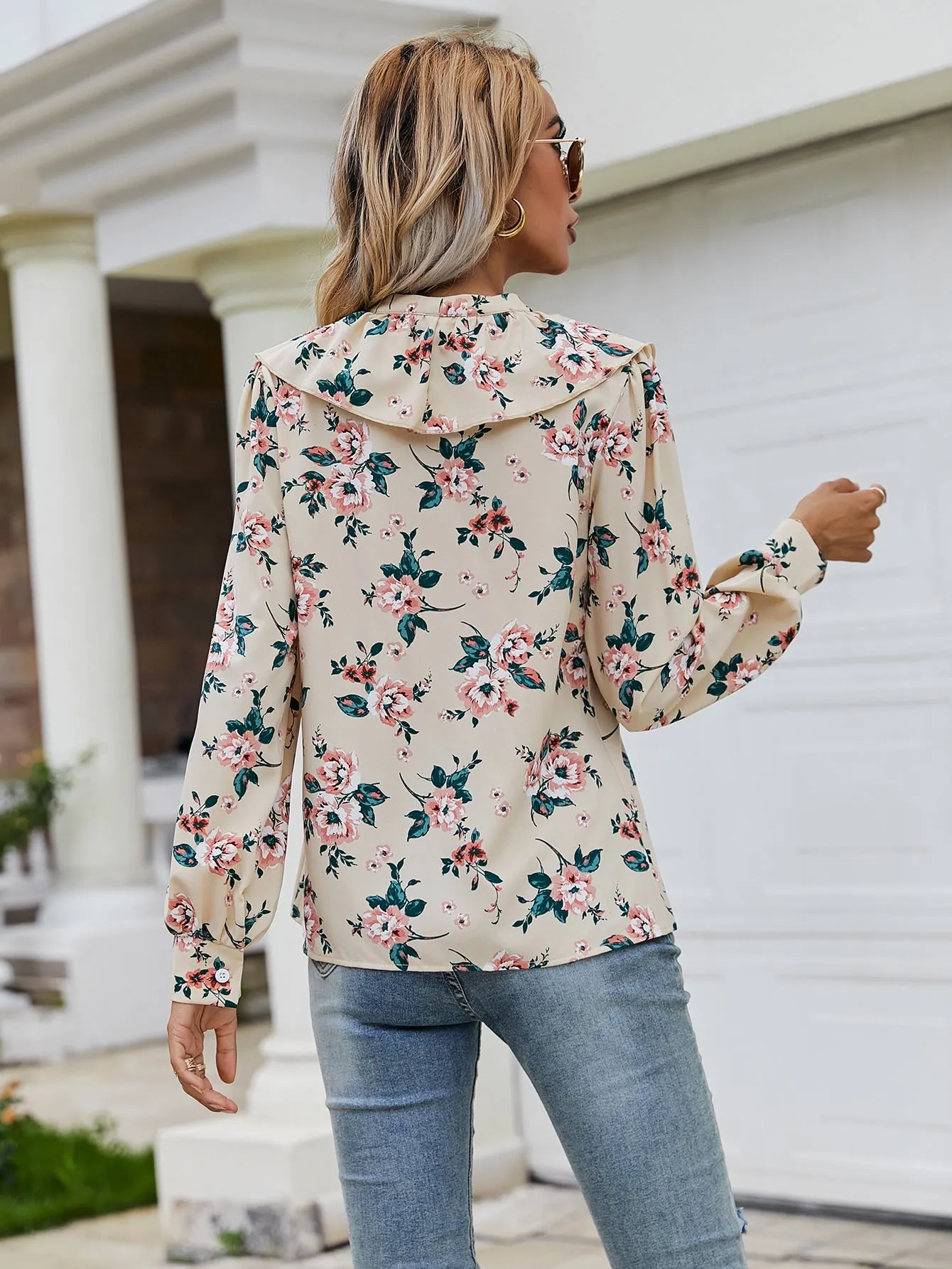 Boho Floral Button Front Long Sleeve V Neck Regular Blouse