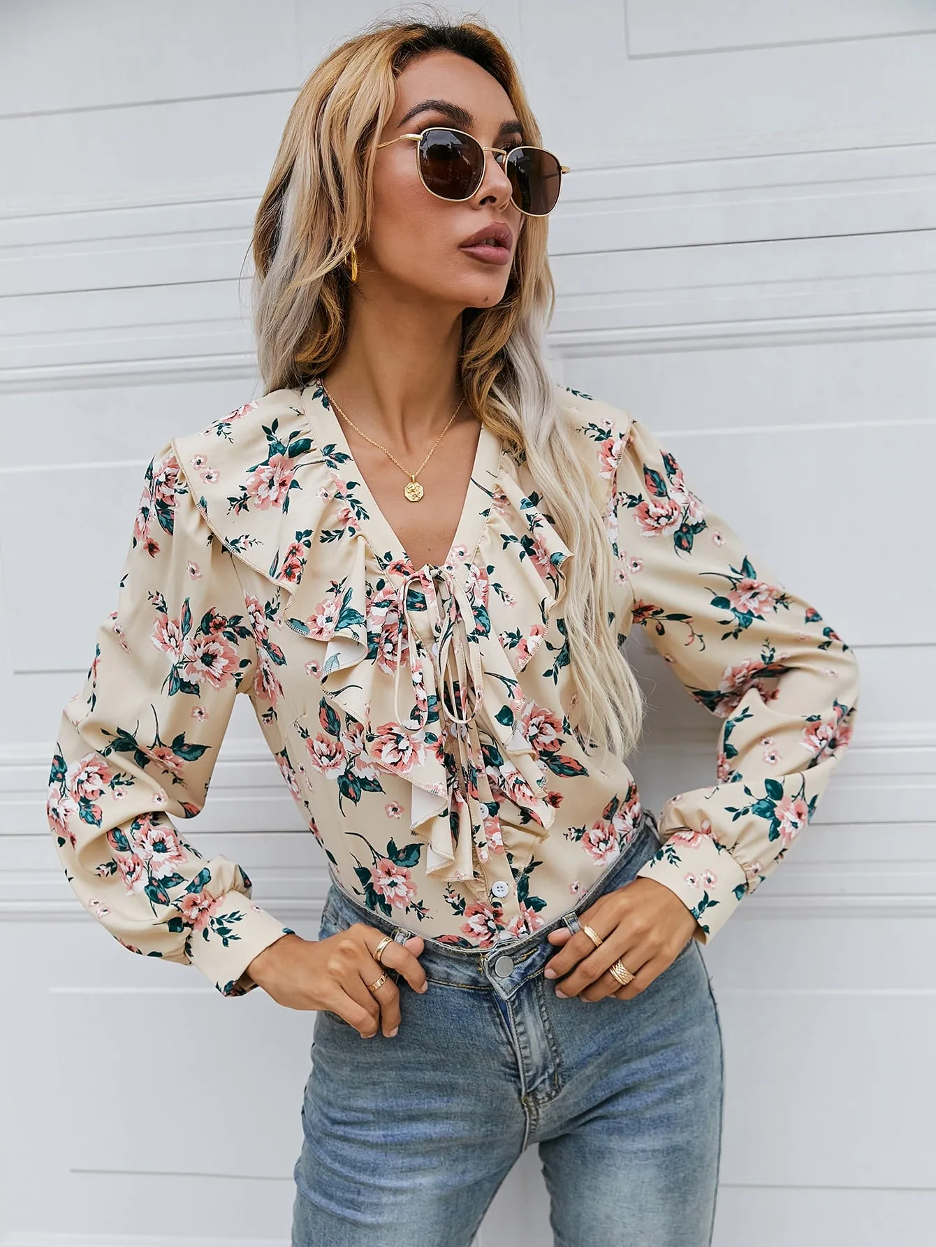 Boho Floral Button Front Long Sleeve V Neck Regular Blouse