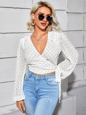 Boho Polka Dot Wrap Long Sleeve V Neck Crop Blouse