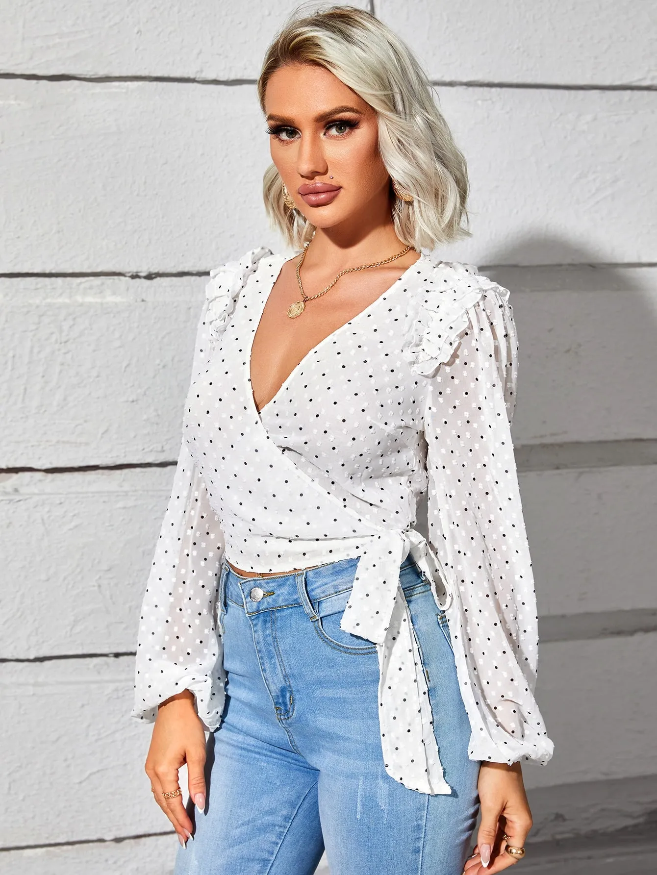 Boho Polka Dot Wrap Long Sleeve V Neck Crop Blouse