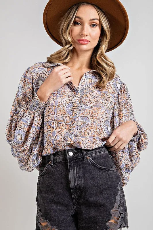 Brinley Printed Button Down Chiffon Blouse