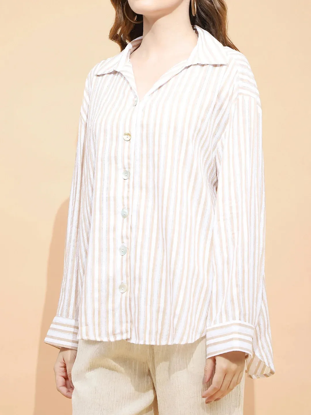 Brown And White Cotton Tailored Fit Shirt For Women