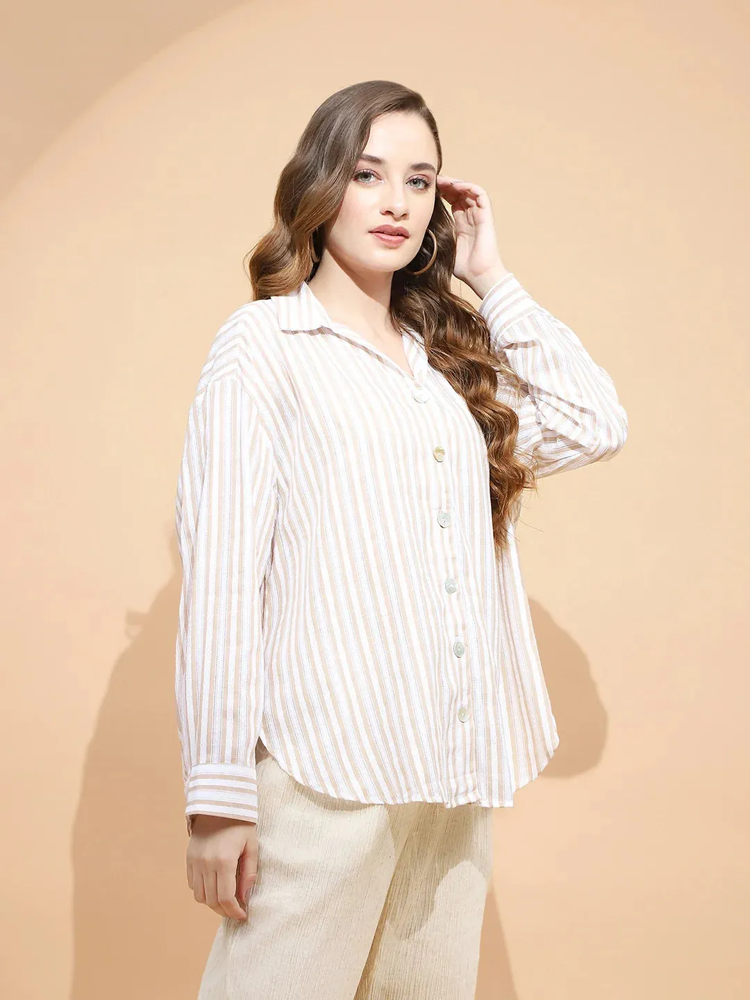 Brown And White Cotton Tailored Fit Shirt For Women