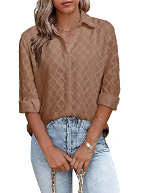 Brown Womens Button Down Shirts Long Sleeve V Neck Blouses Tops for Work - FARYSAYS