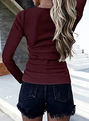 BTFBM Women Long Sleeve V Neck Button Up Solid Tops Blouses Trendy Slim Fit Lace Sleeves Ribbed Knit Casual Shirts Tunic (Solid Wine Red, Medium)