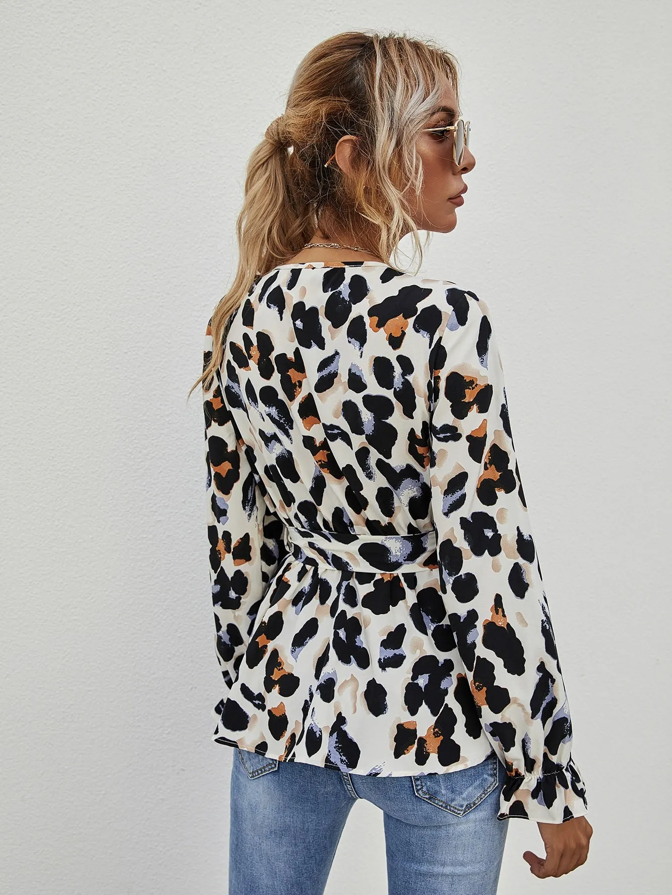 Casual All Over Print Wrap Long Sleeve V Neck Regular Blouse