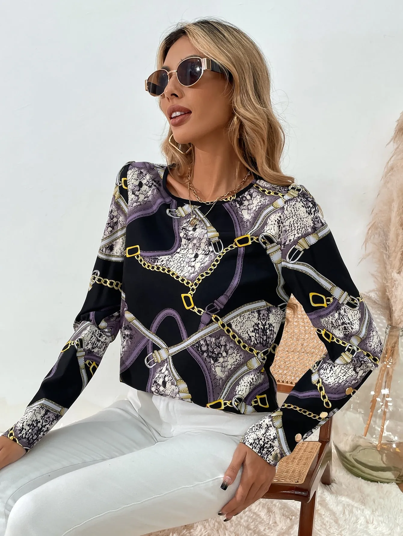 Casual Chain Print Long Sleeve Round Neck Regular Blouse