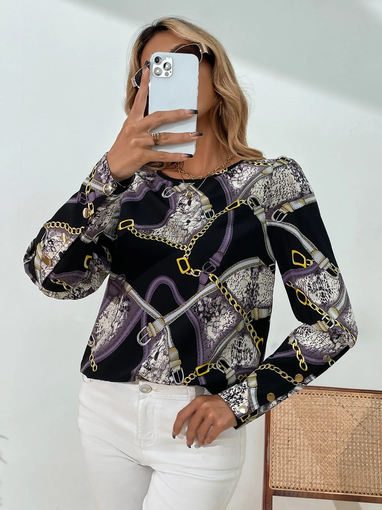 Casual Chain Print Long Sleeve Round Neck Regular Blouse