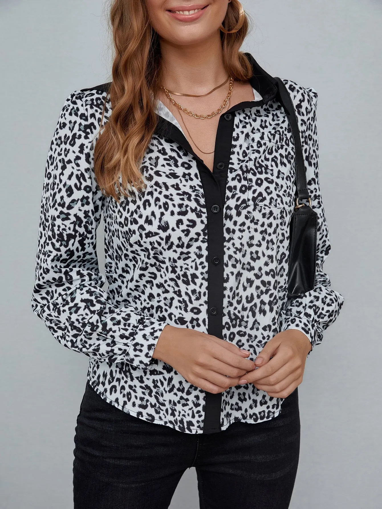 Casual Leopard Button Front Long Sleeve Collar Regular Blouse