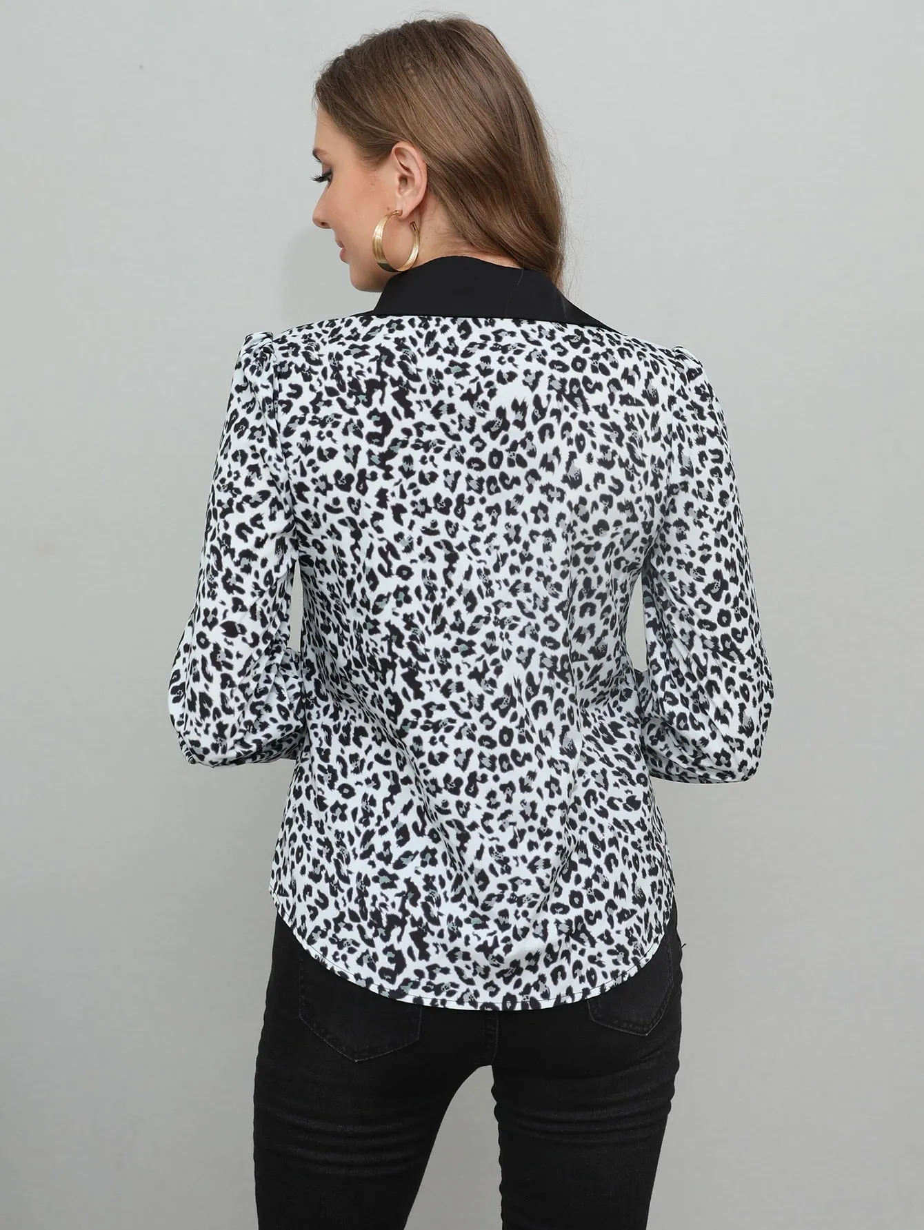 Casual Leopard Button Front Long Sleeve Collar Regular Blouse