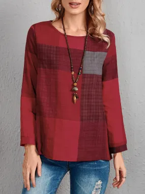 Casual Plaid Long Sleeve Scoop Neck Regular Blouse