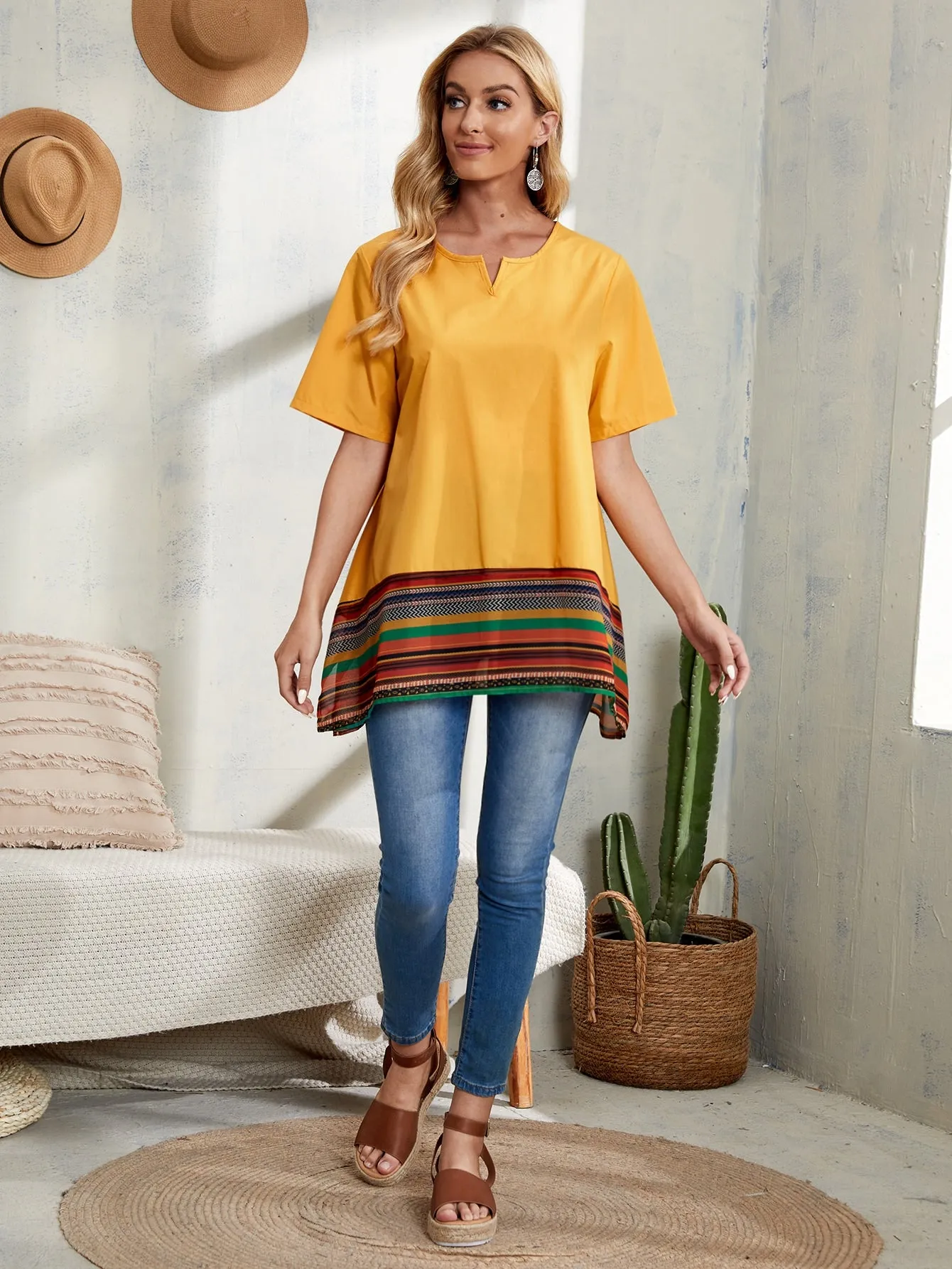 Casual Striped Split Short Sleeve Notched Long Blouse