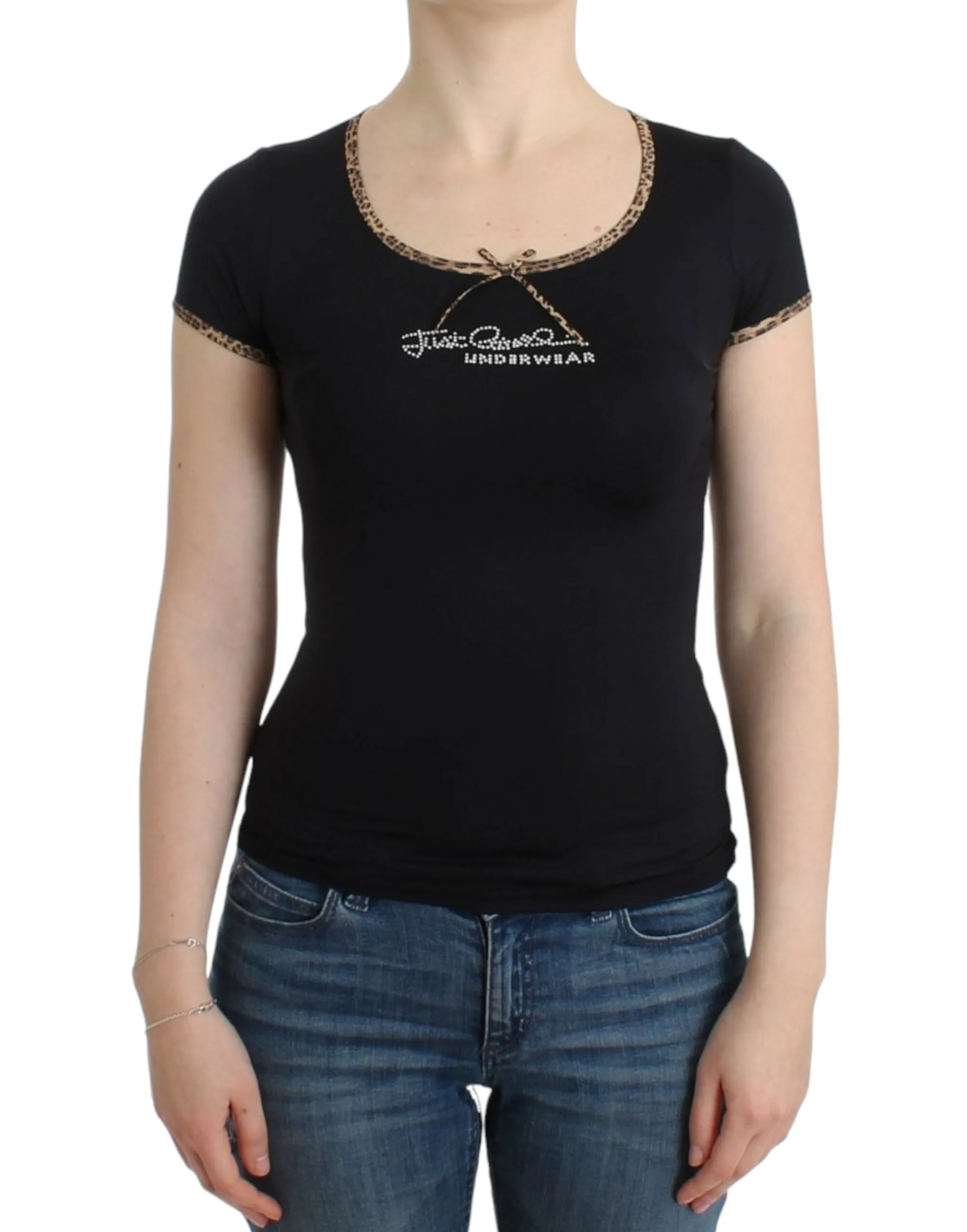 Cavalli Chic Black Crewneck Top with Leopard Details