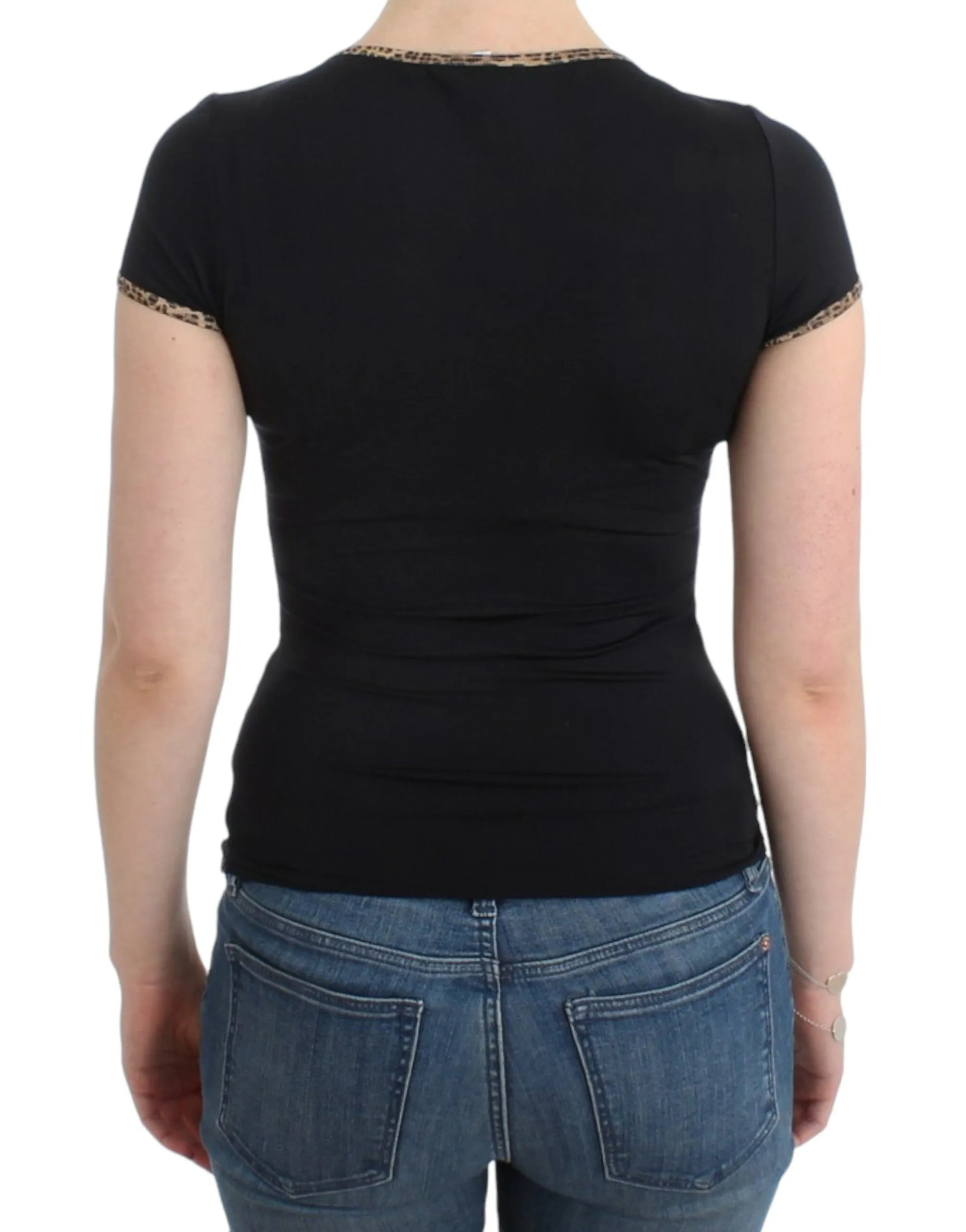 Cavalli Chic Black Crewneck Top with Leopard Details