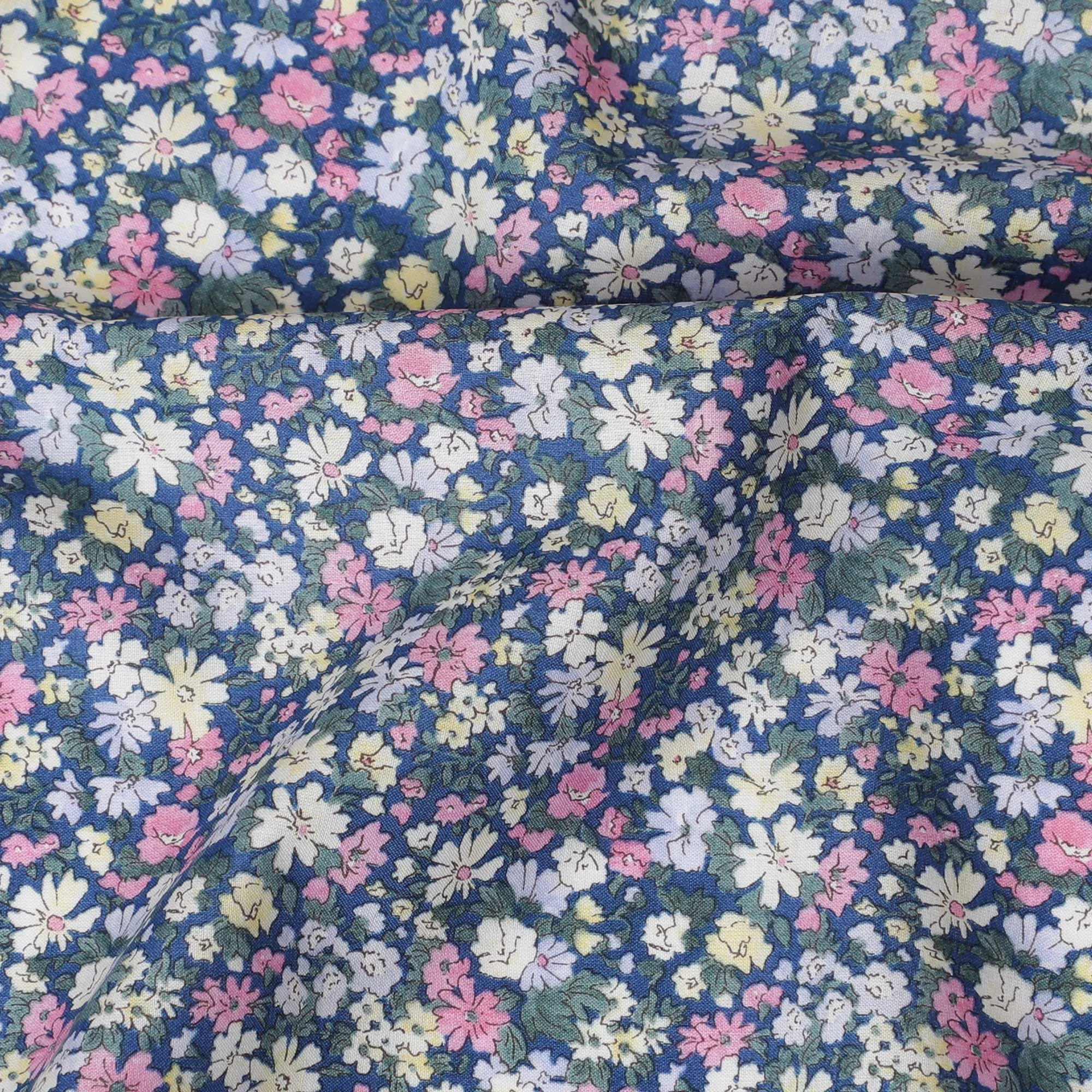 Charming Blue Floral Cotton Lawn Fabric with Pastel Blossoms, 110 cm Wide, Japanese Design-D19540