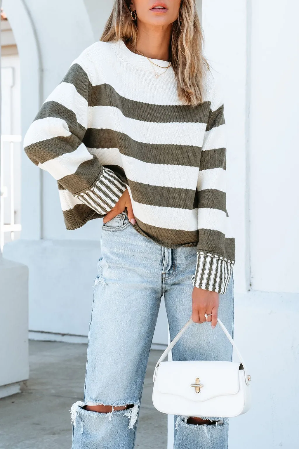 Cream and Olive Striped Pullover Sweater - FINAL SALE