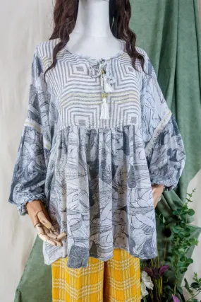 Daisy Boho Top - Monochrome Grey with Gold Detail - Vintage Indian Cotton - Size XXL