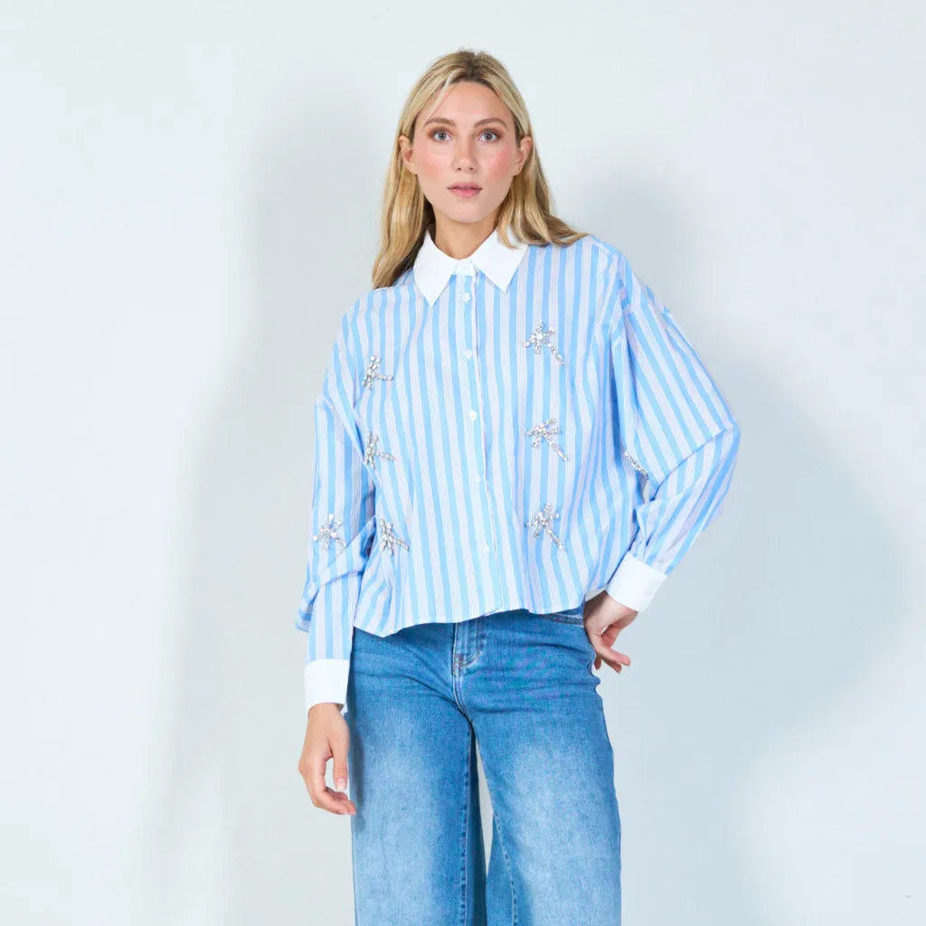 Embellished striped button-up shirt wholesale