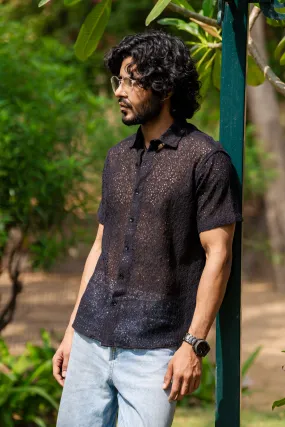 Firangi Yarn Crochet Cotton Jet Black Floral Lace Shirt For Men 2024 - Half Sleeves (Take One Size Bigger Than Your Usual Size)