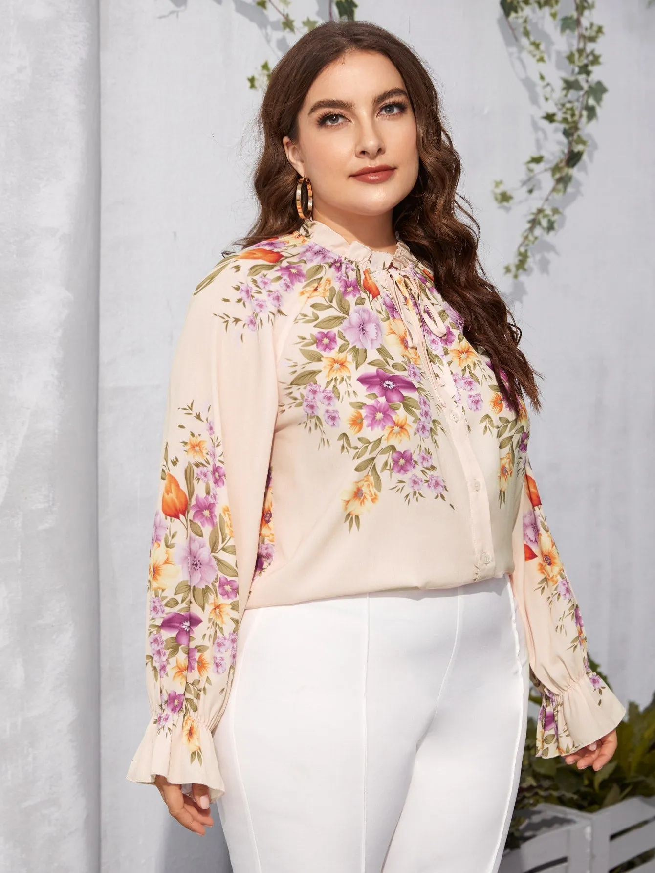 Floral Frill Long Sleeve Tie Neck Regular Plus Size Blouse