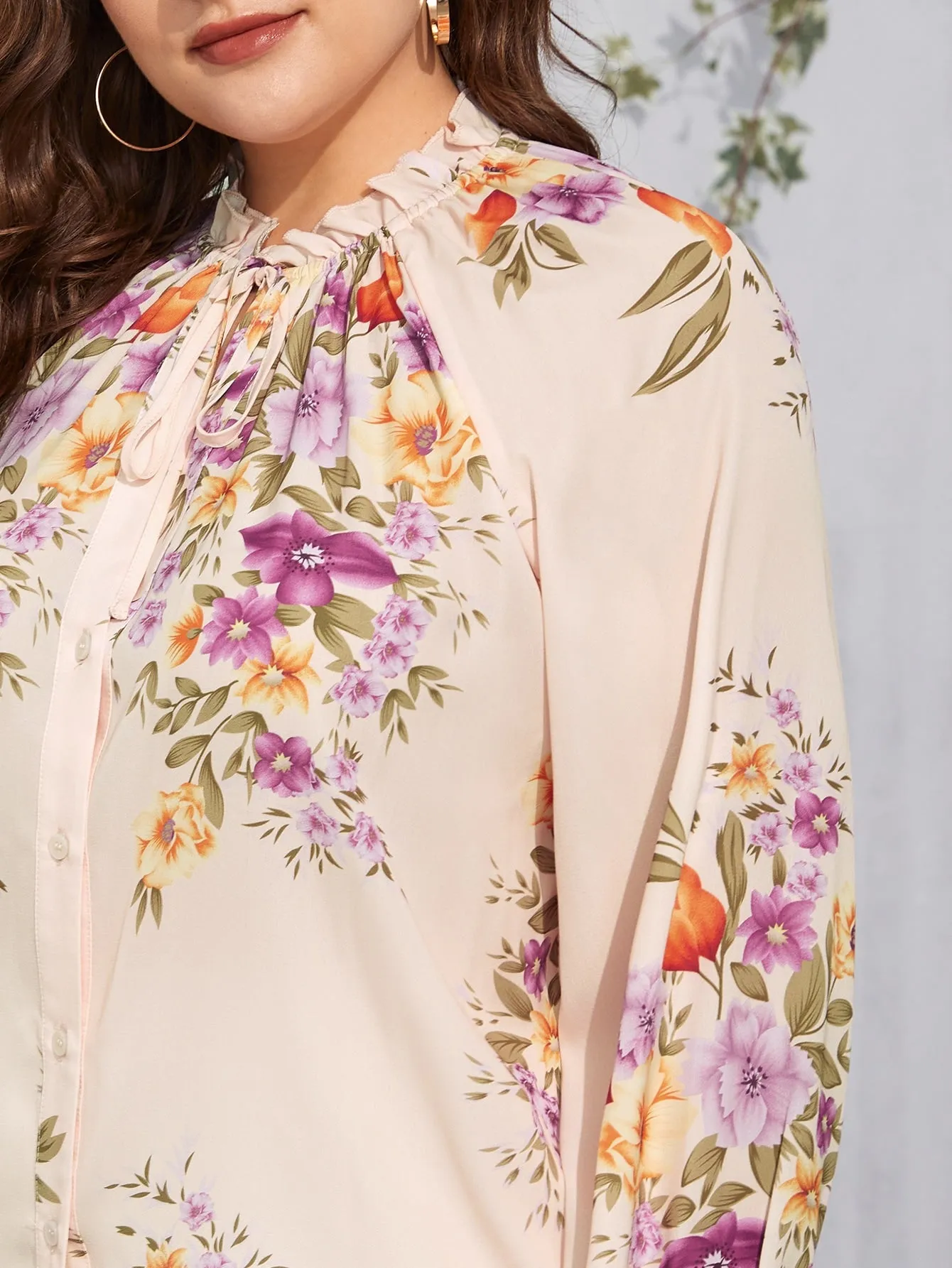 Floral Frill Long Sleeve Tie Neck Regular Plus Size Blouse