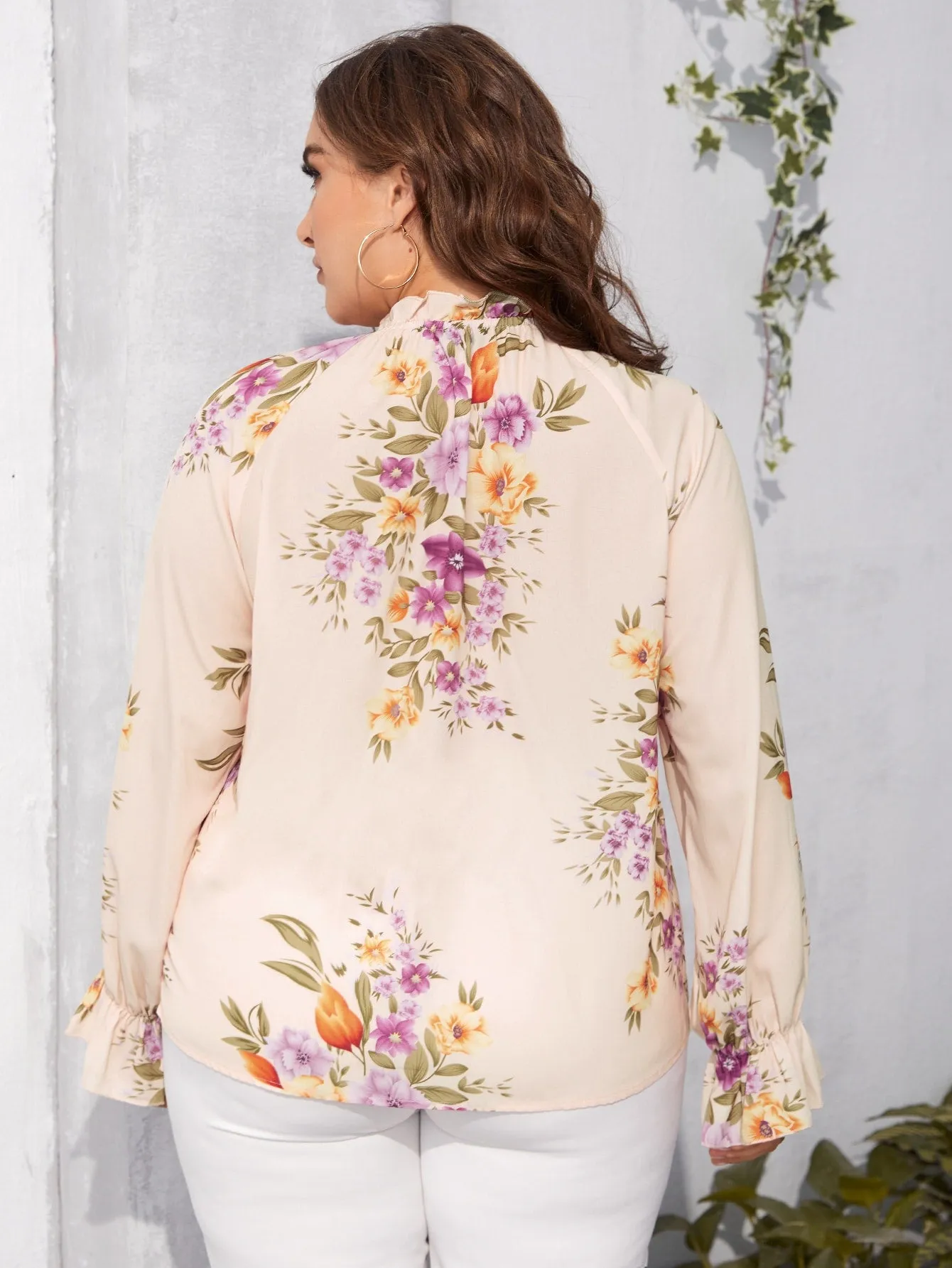 Floral Frill Long Sleeve Tie Neck Regular Plus Size Blouse