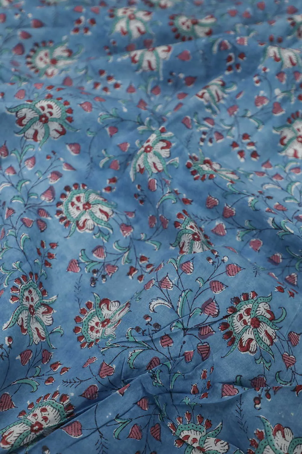 Floral on Ocean Blue Sanganeri Cotton Fabric