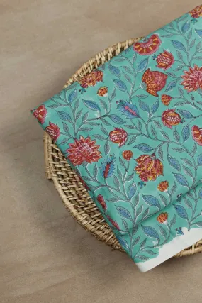 Garden Florals with Green Sanganeri Cotton Fabric