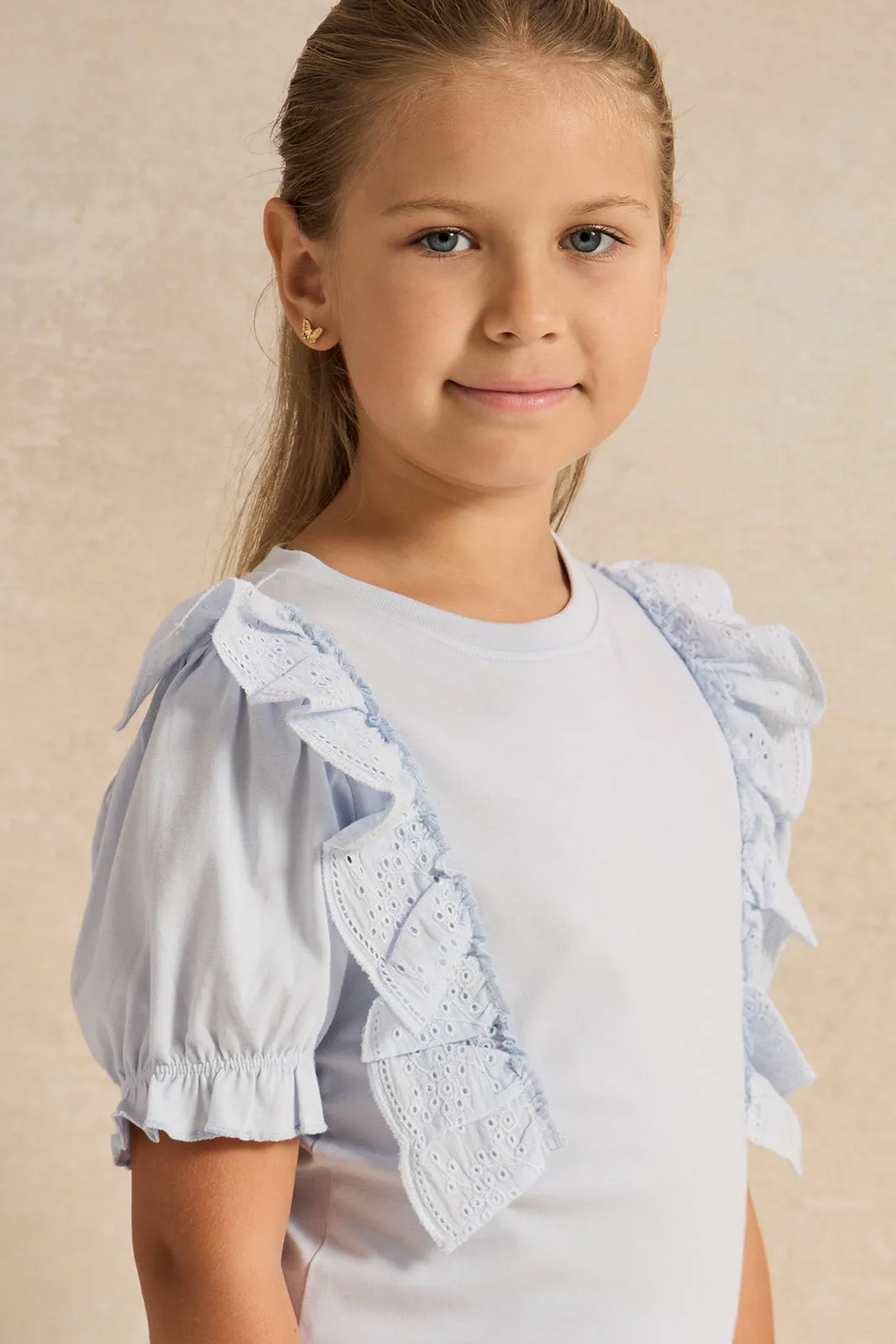 Girls Blue Frill Placement Print Jersey Top