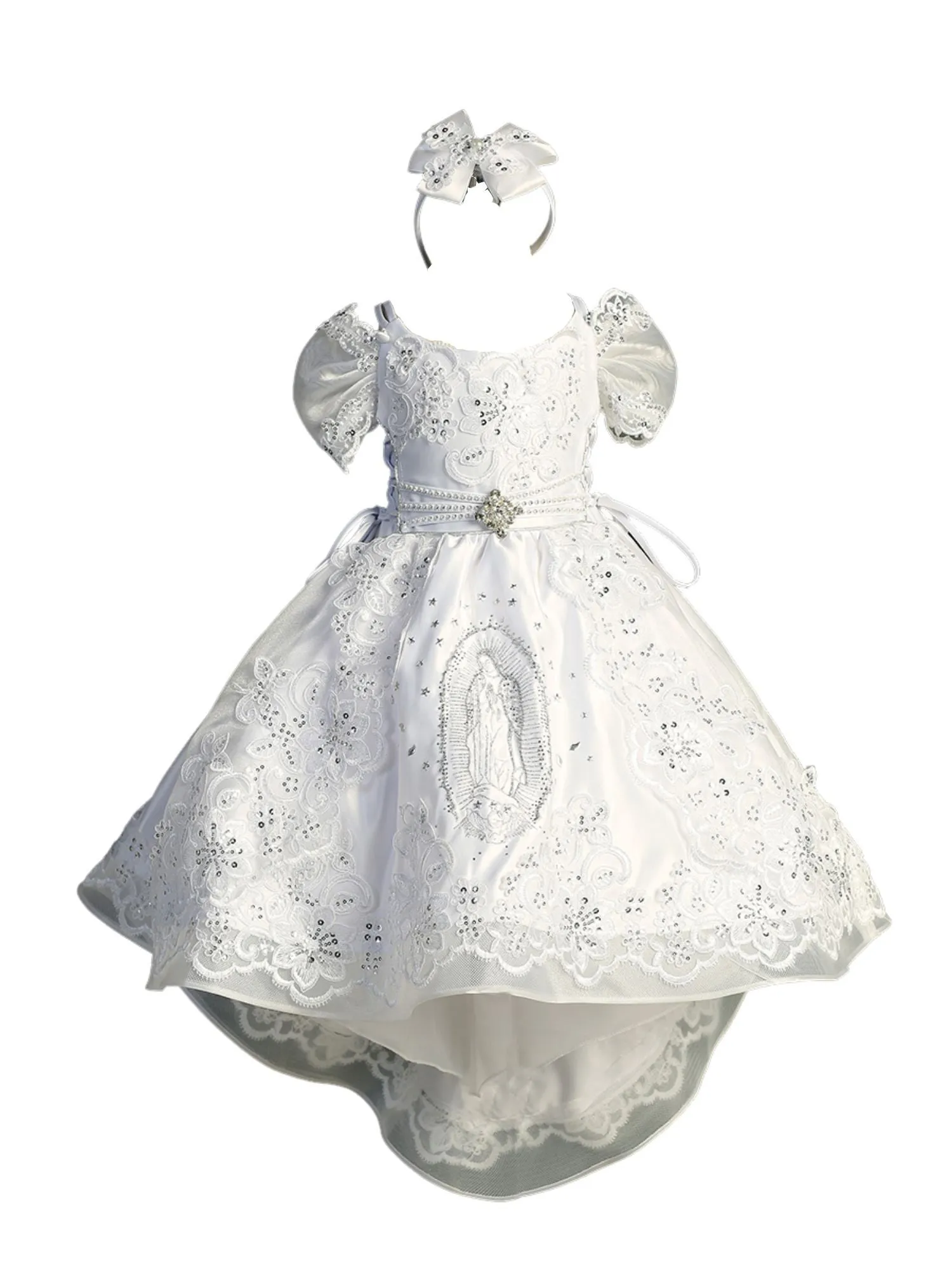 Girls White Back Train Headband Baptism Gown Outfit, Sizes 0-6